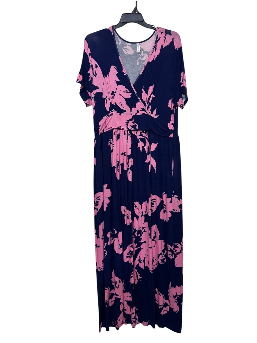 LILBETTER Floral Maxi Dress 3XL Navy Blue Pink Wrap V-Neck Short Sleeve Pockets